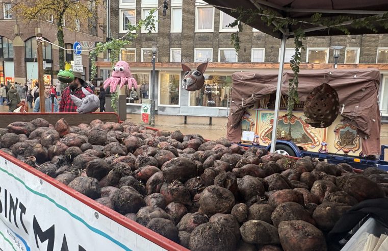 Uitdeling Voederbieten voor Sint Martinus op de Vismarkt in Groningen