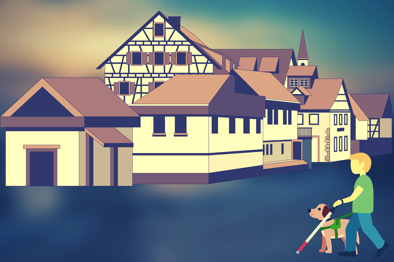 Een getekend blind persoon loopt met een witte stok en een geleidehond